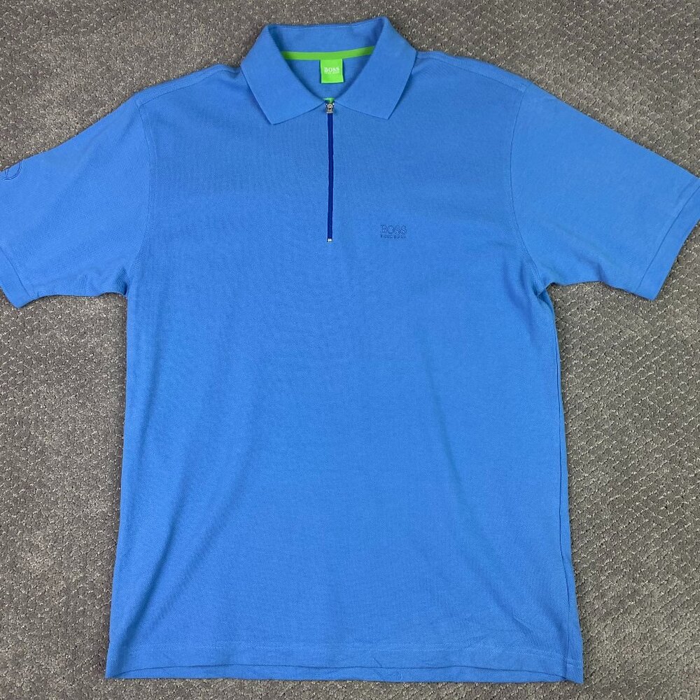 Hugo Boss 1/4 Zip Polo Shirt Short Sleeve Men's Large Blue Earth Air Water Fire